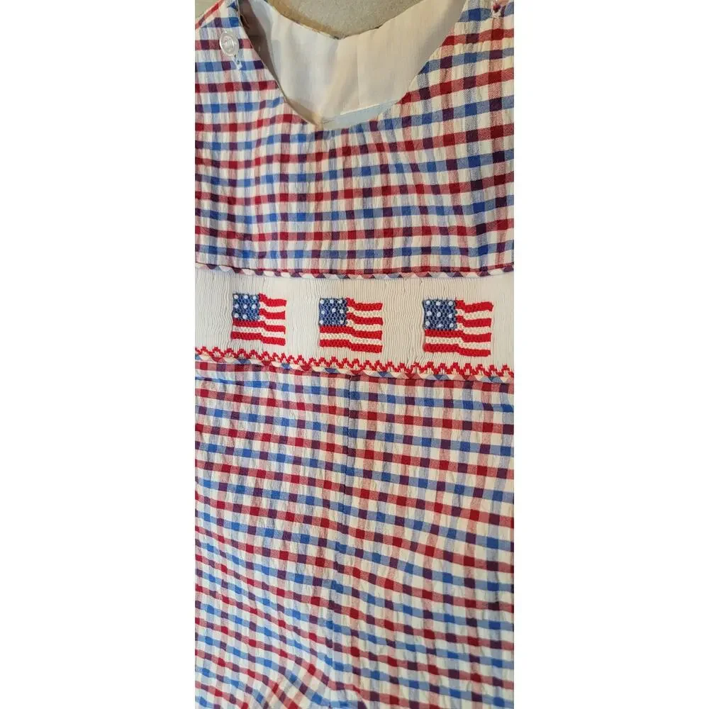 Charming Little One Red White Blue Liam Smocked American Flag Shortall 24M